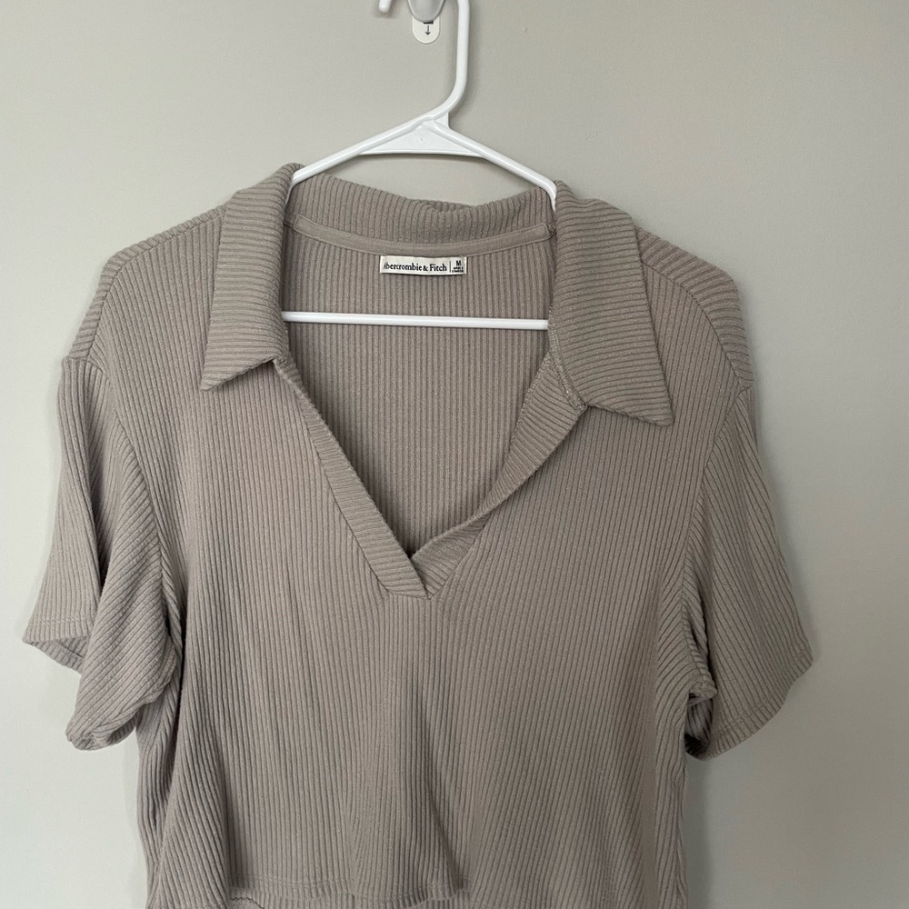 Abercrombie & Fitch Taupe Ribbed V-Neck Polo Tee
